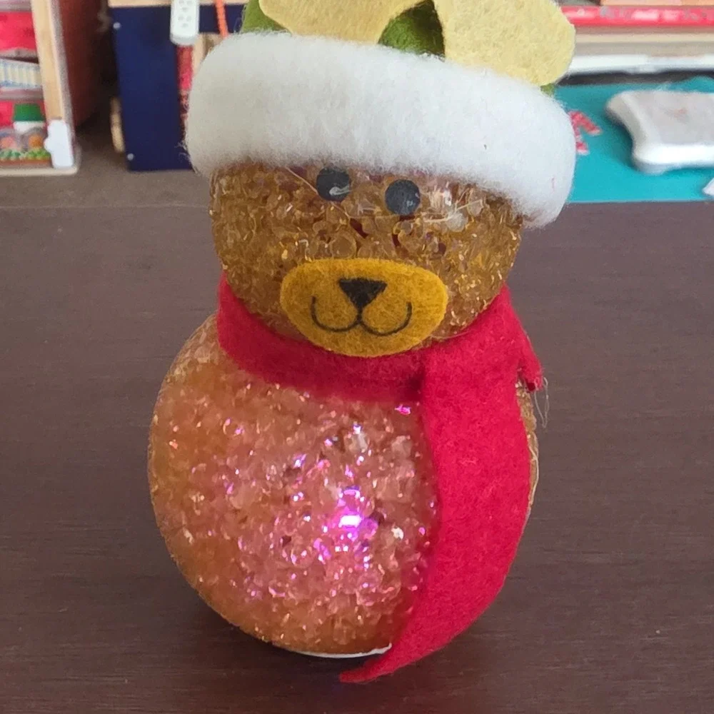Lighted Bear Christmas Ornament with Red Scarf and Santa Hat, Brown Plastic Felt